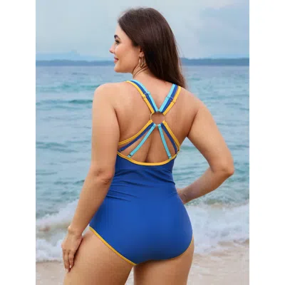 Bloomchic Women's Plus Size Color Block Ring Detail Backless One Piece Swimsuit Mediumblue Solid Colorblock Ad