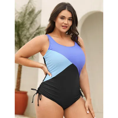 Bloomchic Women's Plus Size Color Block Side Drawstring One-piece Swimsuit Mediumblue Geometric Colorblock Bus