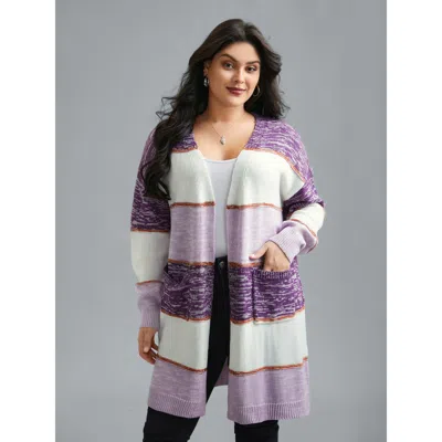 Bloomchic Women's Plus Size Color Block Textured Open-front Cardigan Deeppurple Long Sleeve 12/l