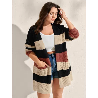Bloomchic Women's Plus Size Color Block Textured Pockets Knit Cardigan Browncoffeecolor Long Sleeve V-neck 10/