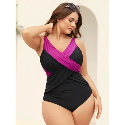 Bloomchic Women's Plus Size Color Block Twist Front One-piece Swimsuit Redviolet Geometric Twist Adaptive-fit 