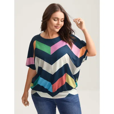 Bloomchic Women's Plus Size Color Block Wavy Print T-shirt Multicolor Stripes Casual Short Sleeve Round Neck 1