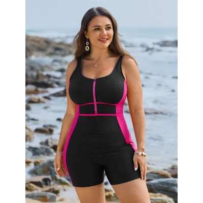 Bloomchic Women's Plus Size Color Contrast Adjustable Pocket One-piece Swimsuit Rosered Geometric Gathered Bus