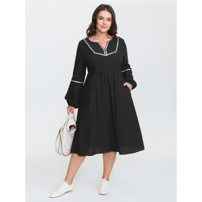 Bloomchic Women's Plus Size Color Contrast Balloon Sleeve Midi Dress Black Non Midi Casual Wraparound Straps 1