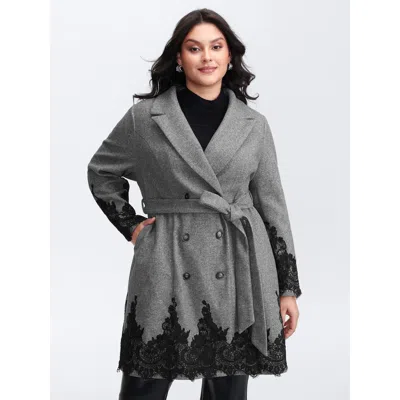 Bloomchic Women's Plus Size Color Contrast Belted Lace Coat Dimgray Belted A-line 12/l