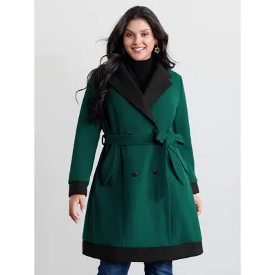 Bloomchic Women's Plus Size Color Contrast Belted Lined Coat Emerald Colorblock Fit & Flare 10/m In Green