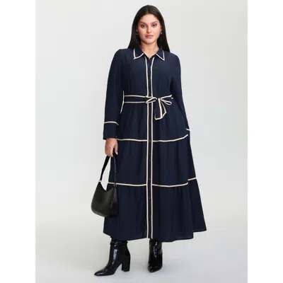 Bloomchic Women's Plus Size Color Contrast Belted Maxi Shirt Dress Indigo Solid Maxi Office Colorblock 12/l In Purple