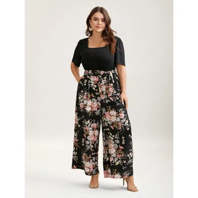 Bloomchic Women's Plus Size Color Contrast Belted Panel Pockets Jumpsuit Black Elegant Skinny 22-24/3x