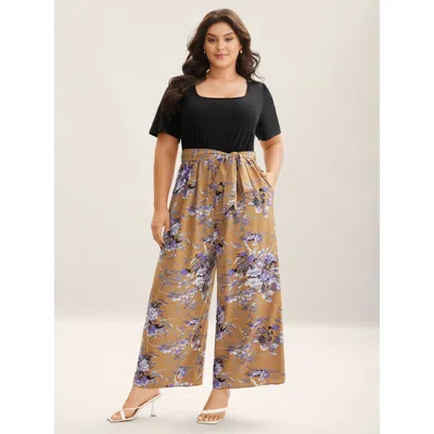Bloomchic Women's Plus Size Color Contrast Belted Panel Pockets Jumpsuit Lightorange Elegant Skinny 30/6x