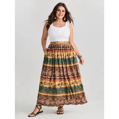 Bloomchic Women's Plus Size Color Contrast Boho Print Maxi Skirt Multicolor Smocked Non Vacation 12/l