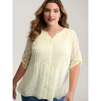 Bloomchic Women's Plus Size Color Contrast Button Placket Blouse Beige Synthetic Texture Elegant 3/4 Sleeve 14 In Sand
