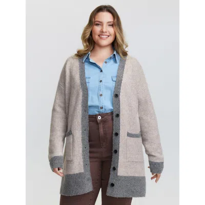 Bloomchic Women's Plus Size Color Contrast Buttons Pockets Knit Cardigan Lightbrown Long Sleeve 10/m In Brown
