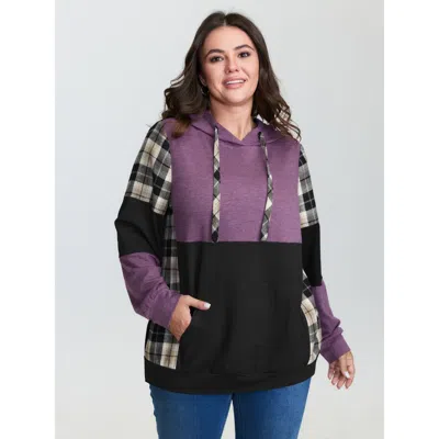 Bloomchic Women's Plus Size Color Contrast Checkered Hoodie Multicolor Not Graphics Casual Hooded Neck 14-16/1