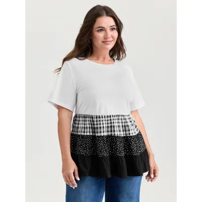 Bloomchic Women's Plus Size Color Contrast Checkered Tiered Top Whitesmoke Short Sleeve Casual 22-24/3x