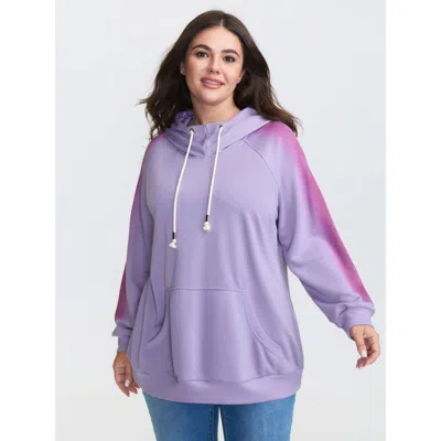 Bloomchic Women's Plus Size Color Contrast Drawstring Hoodie Lavender Casual 12/l In Purple