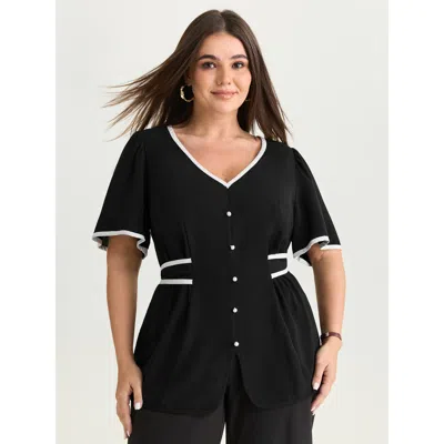 Bloomchic Women's Plus Size Color Contrast Edge Button Detail Blouse Black Else Office Short Sleeve 22-24/3x