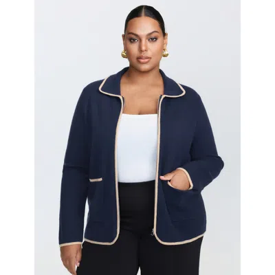 Bloomchic Women's Plus Size Color Contrast Edge Collar Knit Cardigan Navy Long Sleeve 28/5x In Blue