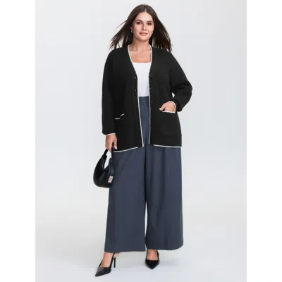 Bloomchic Women's Plus Size Color Contrast Edged V-neck Knit Cardigan Black Long Sleeve 10/m