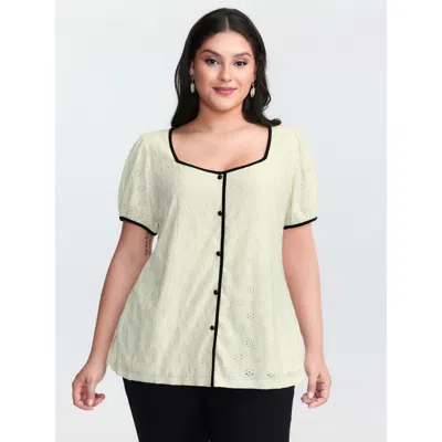 Bloomchic Women's Plus Size Color Contrast Edges Button Blouse Beige Synthetic Texture Elegant Short Sleeve 10 In Sand