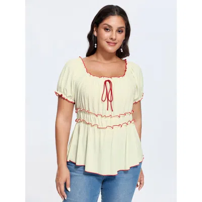 Bloomchic Women's Plus Size Color Contrast Edges Plain Knit Top Ivory Short Sleeve Elegant Square Neck 22-24/3 In White