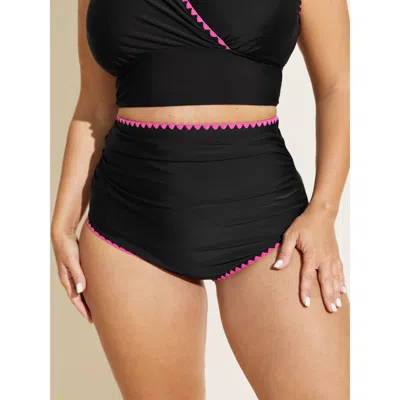 Bloomchic Women's Plus Size Color Contrast Embroidered Edge Bikini Bottoms Black Solid Booty Colorblock Elasti