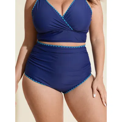 Bloomchic Women's Plus Size Color Contrast Embroidered Edge Bikini Bottoms Darkblue Solid Booty Colorblock Ela In Blue