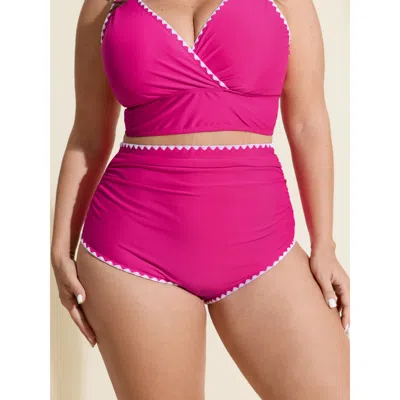 Bloomchic Women's Plus Size Color Contrast Embroidered Edge Bikini Bottoms Rosered Solid Booty Colorblock Elas