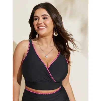 Bloomchic Women's Plus Size Color Contrast Embroidered Edge Bikini Top Black Solid Sleeveless Embroidered Adap