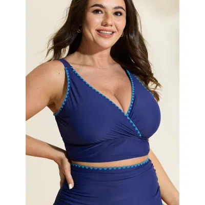 Bloomchic Women's Plus Size Color Contrast Embroidered Edge Bikini Top Darkblue Solid Sleeveless Embroidered A In Blue