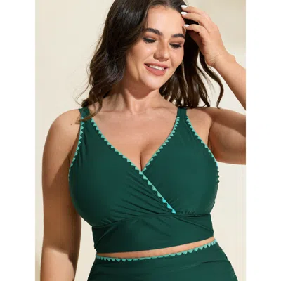 Bloomchic Women's Plus Size Color Contrast Embroidered Edge Bikini Top Darkgreen Solid Sleeveless Embroidered  In Green