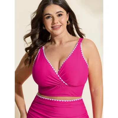 Bloomchic Women's Plus Size Color Contrast Embroidered Edge Bikini Top Rosered Solid Sleeveless Embroidered Ad