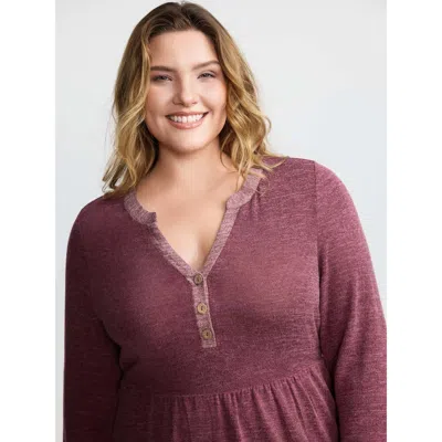 Bloomchic Women's Plus Size Color Contrast Fit Flared Knit Top Burgundy Extra Long Sleeve Casual 10/m