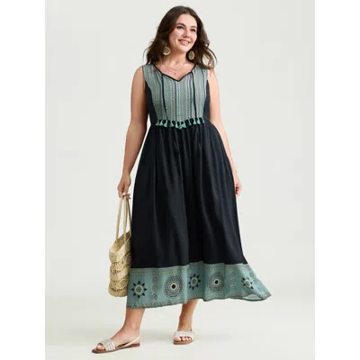 Bloomchic Women's Plus Size Color Contrast Floral Hem Sleeveless Midi Dress Midnight Bohemian Print Midi Vacat In Blue