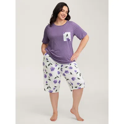 Bloomchic Women's Plus Size Color Contrast Floral Print Pockets Pajama Set Blueviolet Not Graphics 10/m