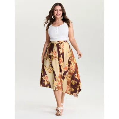 Bloomchic Women's Plus Size Color Contrast Floral Stripe Asymmetrical Maxi Skirt Multicolor Asymmetrical Flare