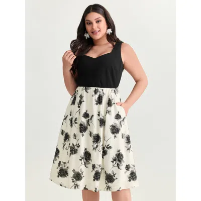 Bloomchic Women's Plus Size Color Contrast Floral Sweetheart Midi Dress Black Ditsy Floral Midi Elegant Patchw