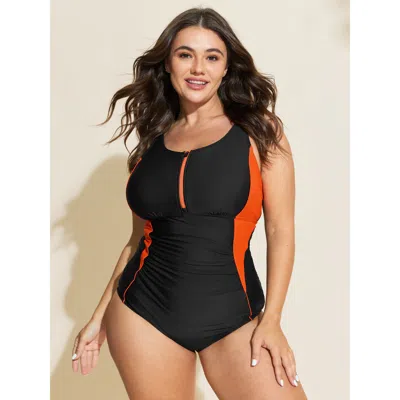 Bloomchic Women's Plus Size Color Contrast Glide Lock Zipper One-piece Swimsuit Amber Solid Patchwork Tummy Co In Orange