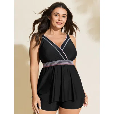 Bloomchic Women's Plus Size Color Contrast Hips Coverage Swim Top Black Solid Sleeveless Colorblock Adjustable