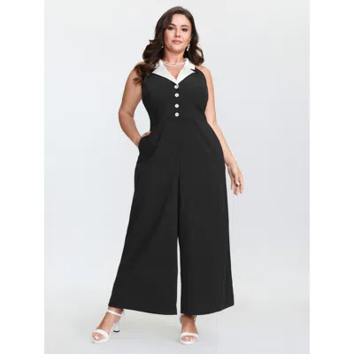 Bloomchic Women's Plus Size Color Contrast Lapel Collar Wide-leg Jumpsuit Black Elegant 12/l