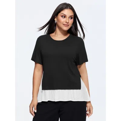 Bloomchic Women's Plus Size Color Contrast Layered Round Neck T-shirt Black Solid Office Short Sleeve Round Ne