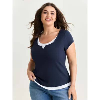 Bloomchic Women's Plus Size Color Contrast Layered Split Neck T-shirt Darkblue Solid Casual Short Sleeve U-nec In Blue