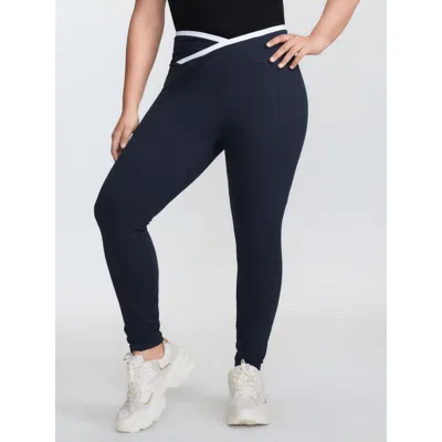 Bloomchic Women's Plus Size Color Contrast Overlap Waist Leggings Indigo High Stretch High Rise Vacation 10/m In Purple