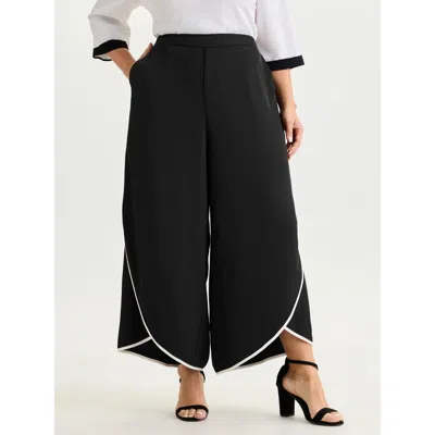 Bloomchic Women's Plus Size Color Contrast Petal Hem Pants Black Else Wide Leg High Rise Office 12/l