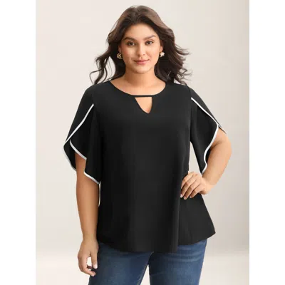 Bloomchic Women's Plus Size Color Contrast Petal Sleeve Shirt Black Solid Office Half Sleeve V-notch Neck 18-2