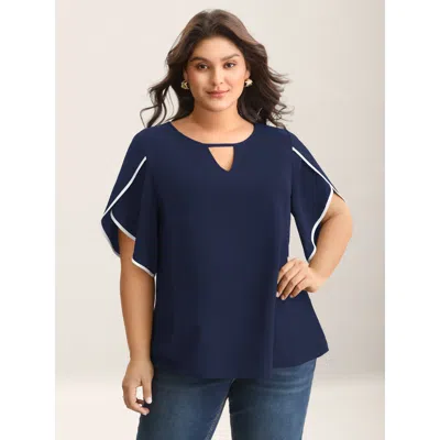 Bloomchic Women's Plus Size Color Contrast Petal Sleeve Shirt Darkblue Solid Office Half Sleeve V-notch Neck 1 In Blue