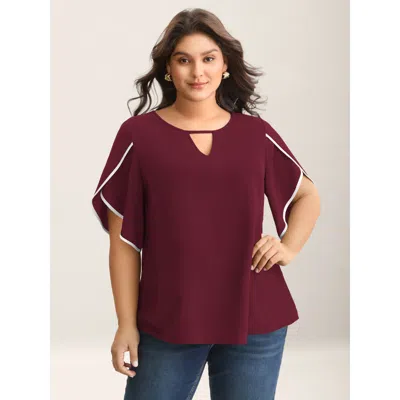 Bloomchic Women's Plus Size Color Contrast Petal Sleeve Shirt Maroon Solid Office Half Sleeve V-notch Neck 22- In Burgundy
