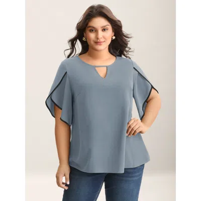 Bloomchic Women's Plus Size Color Contrast Petal Sleeve Shirt Stone Solid Office Half Sleeve V-notch Neck 18-2 In Gray