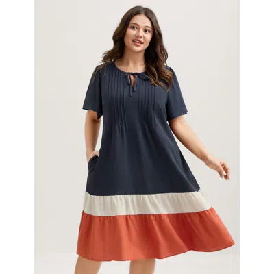 Bloomchic Women's Plus Size Color Contrast Plicated Detail Mini Dress Multicolor Solid Midi Casual Lace-up 14-