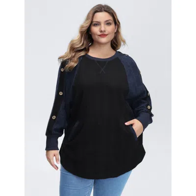 Bloomchic Women's Plus Size Color Contrast Raglan Sleeve Sweatshirt Black Casual 12/l