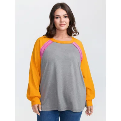 Bloomchic Women's Plus Size Color Contrast Raglan Sleeve T-shirt Multicolor Geometric Casual Long Sleeve 18-20